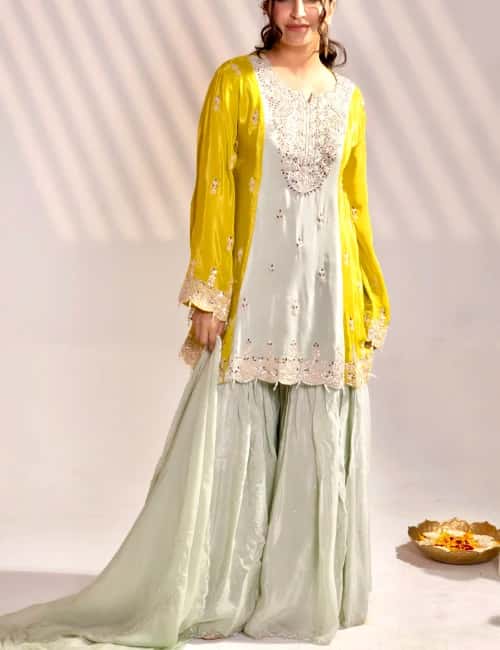 Pastel Mint Kurti Sharara Set (Set of 3) - collection image