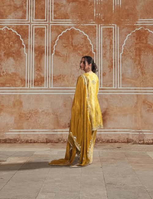 Mustard Yellow Brocade Printed Suit Set With Mirror Work (Set of 3) - collection image