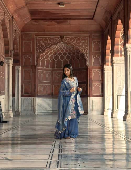 Steel Blue Embroidered Kurta Set with Sharara & Cape Dupatta (Set of 3) - collection image