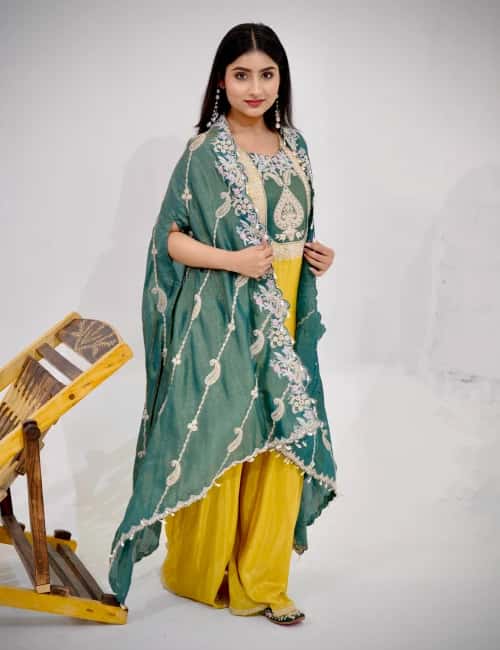 Light Mustard Tissue Silk A-line Suit Set with Dupatta (Set of 3) - collection image