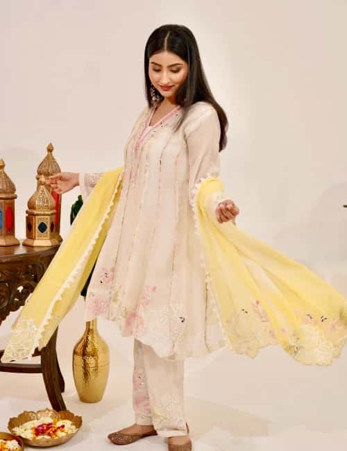 Ivory Blossom Kurta Set with Lemon Dupatta (Set of 3) - collection image
