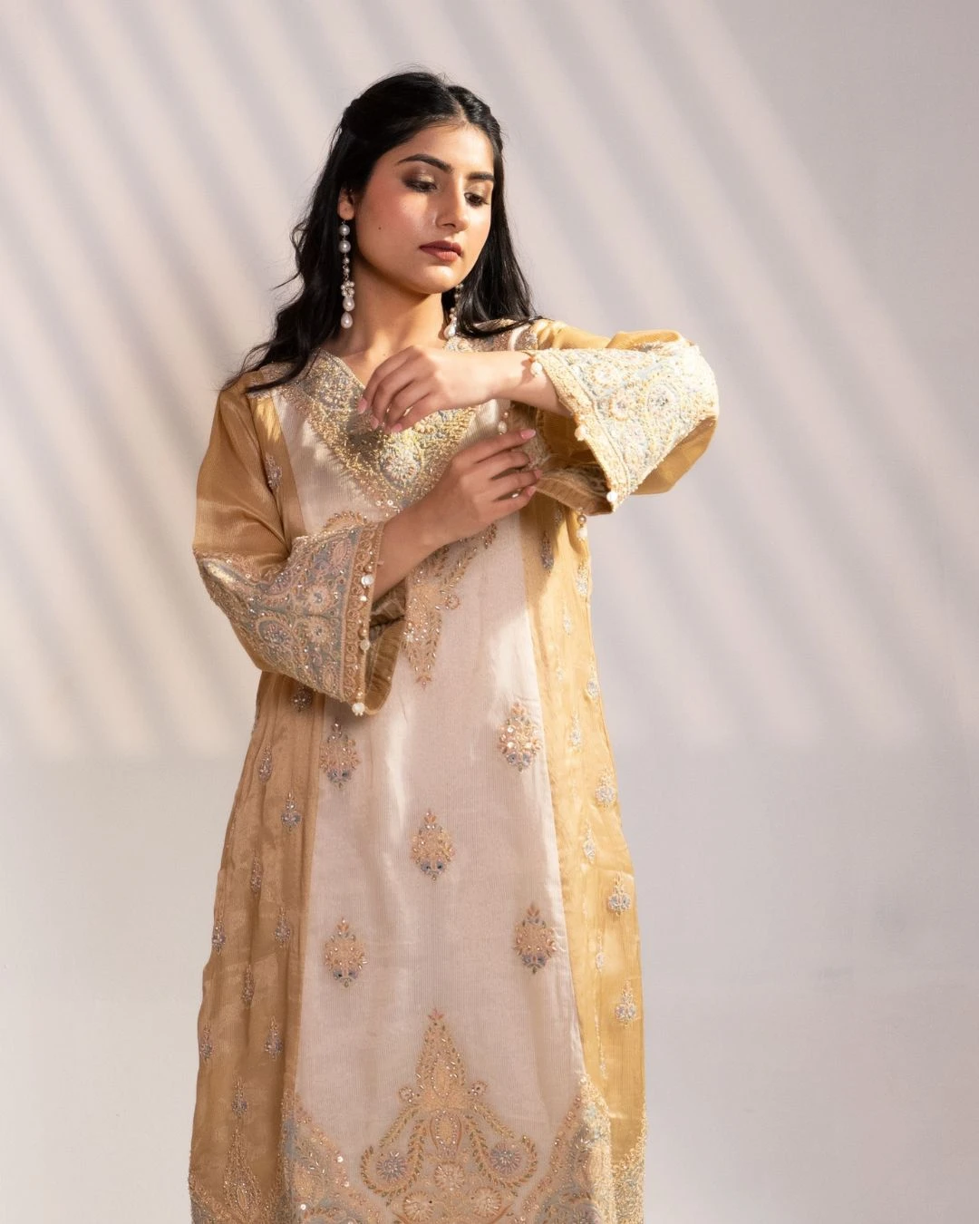 Ivory Gold Hand Embroidered Silk Kurta Set with Dupatta (Set of 3) - collection image