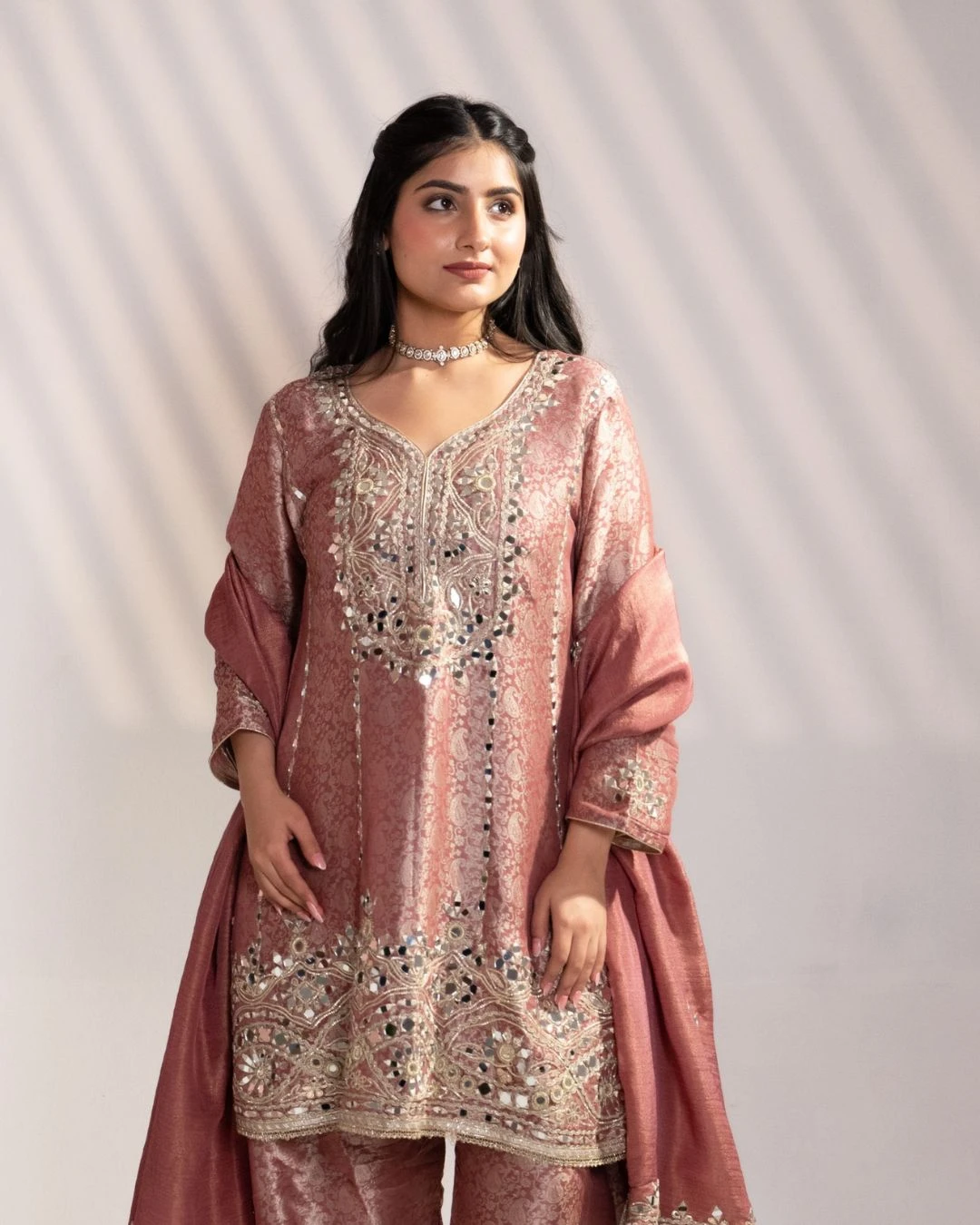 Dark Onion Brocade Printed Suit Set With Mirror Work (Set of 3) - collection image