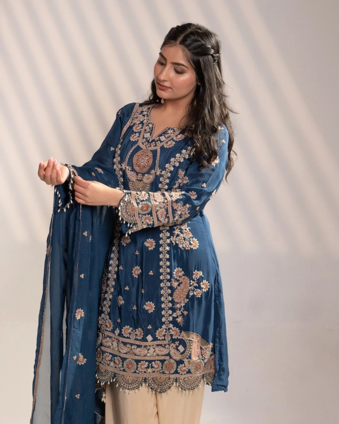 Blue Satin Silk Embroidered Kurti Set (Set of 3) - collection image