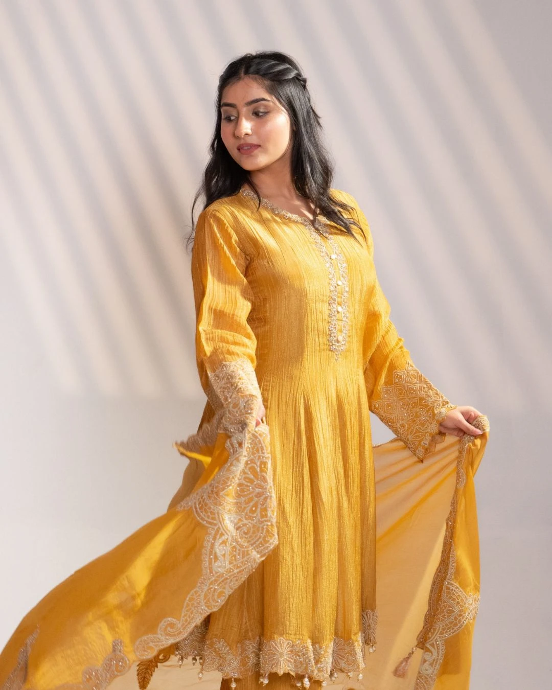 Mustard Gold Embroidered Kurta Set with Dupatta (Set of 3) - collection image