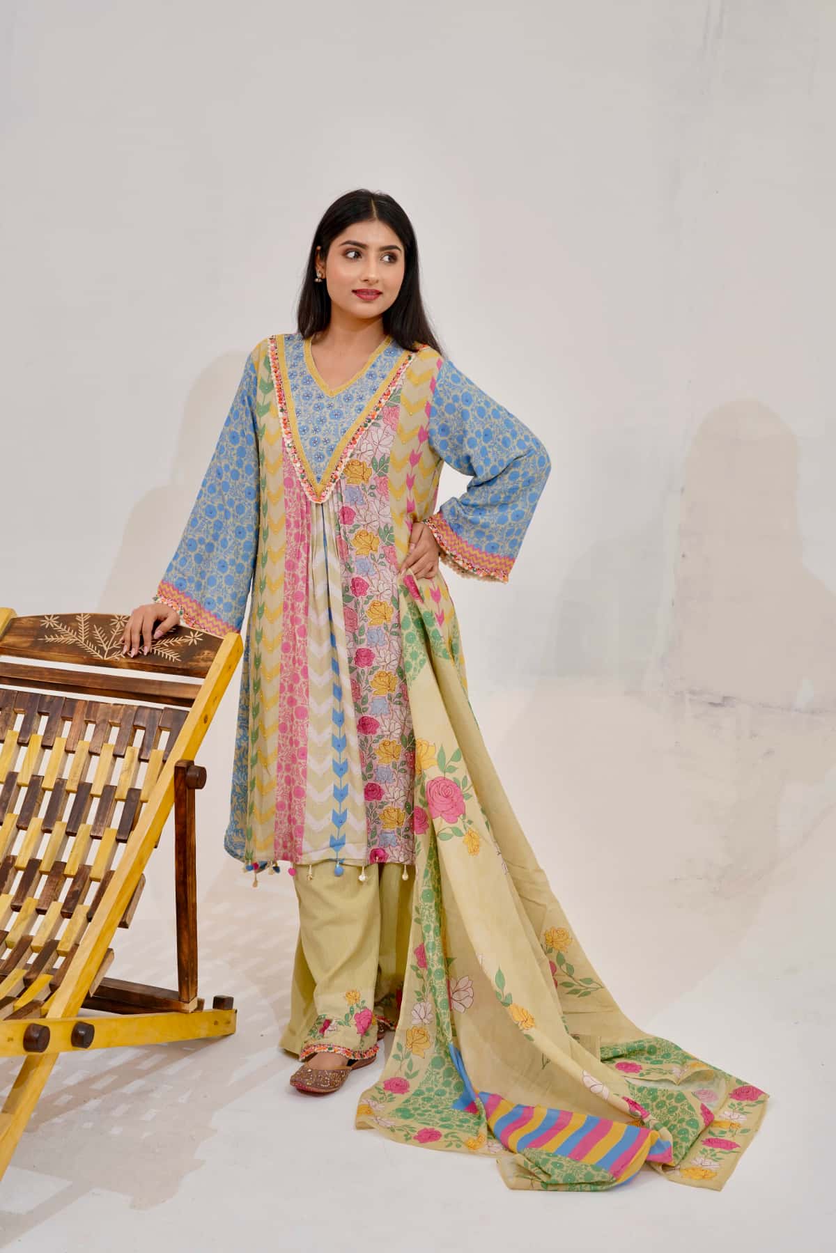 Pastel Patchwork Kurta Set with Floral Dupatta (Set of 3) - collection image
