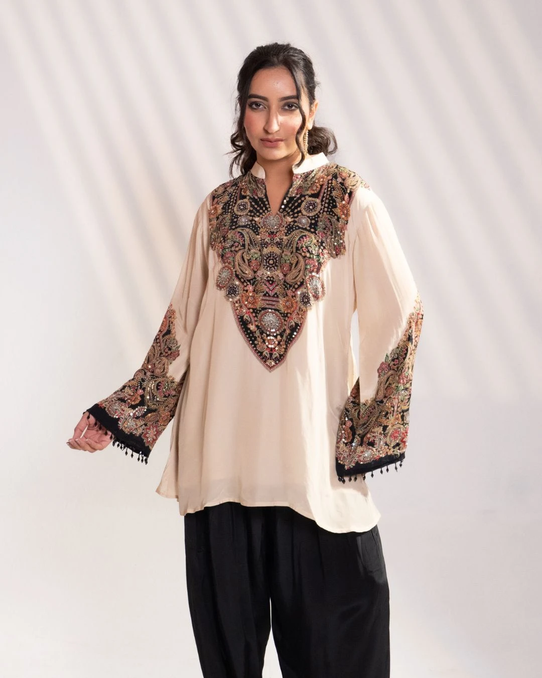 Beige & Black Embroidered Silk Kurta Set with Patiala Pants (Set of 2) - collection image